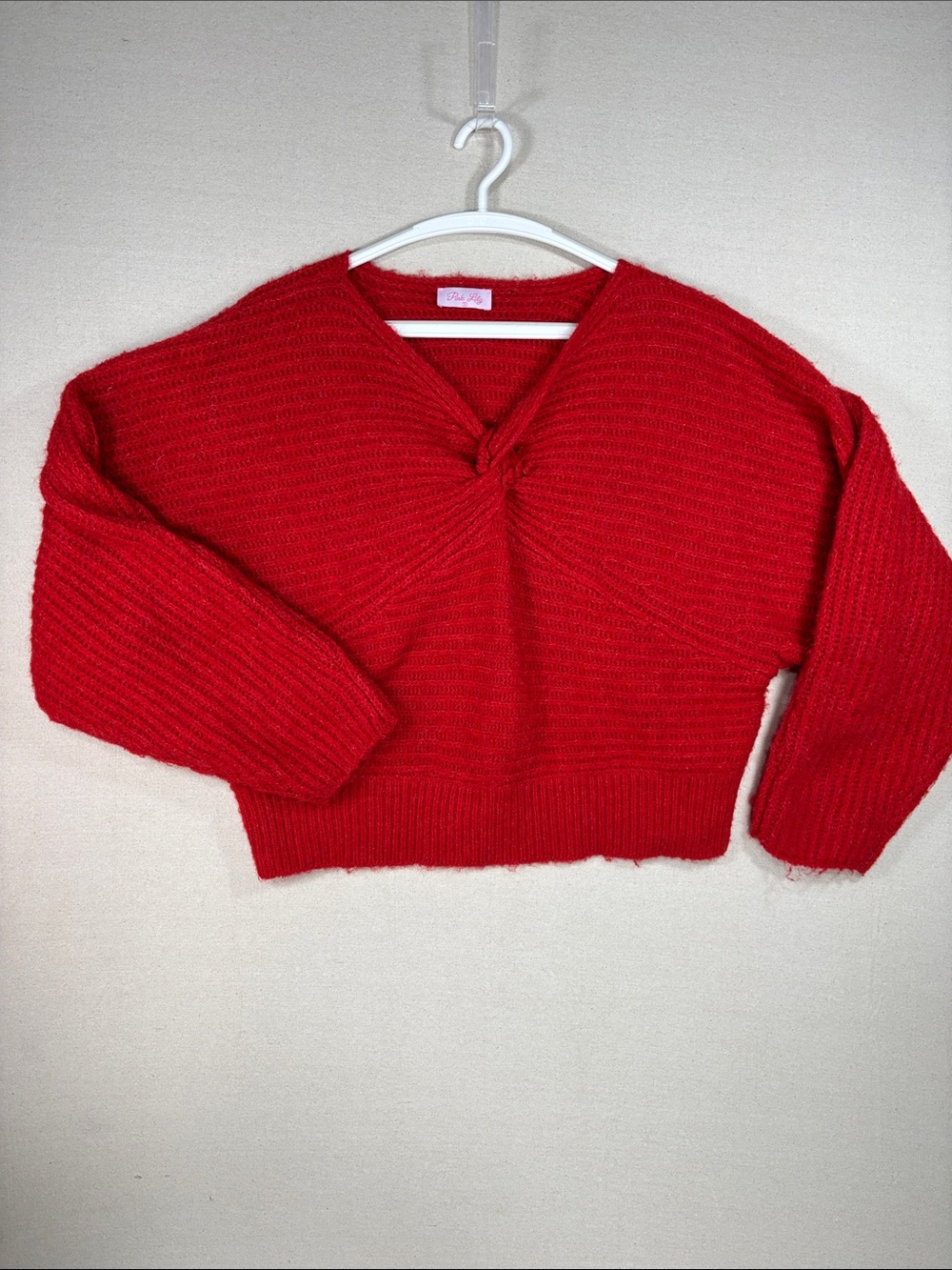 Pink Lily Red V-Neck Knot Front Sweater